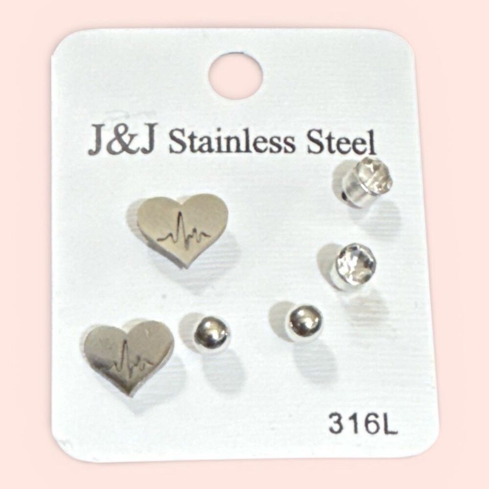 Stainless Steel Stud Earring Set |Heartbeat | 3 Pair | Heart Health Nurse